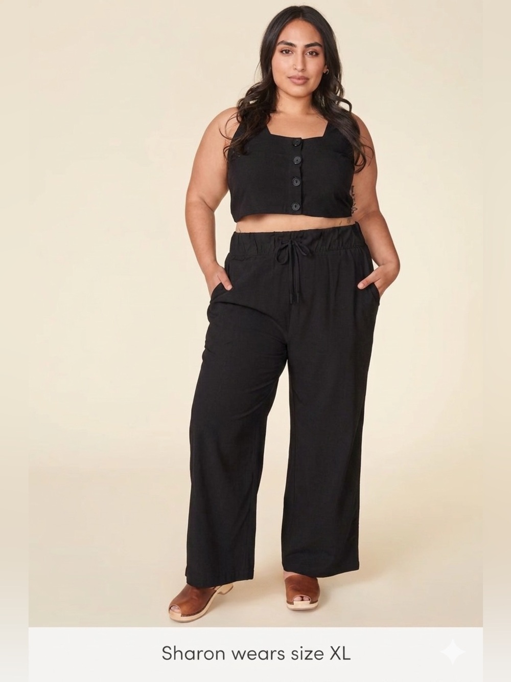 Wayre Like-Silk Matching Set Crop Tank & Cruiser Wide Leg Pants Black XL